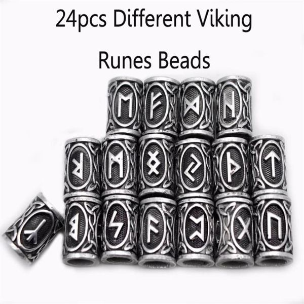 24 pièces Top argent nordique Viking Runes breloques perles résultats pour Bracelets pour pendentif collier barbe ou cheveux Vikings Rune Kits167S