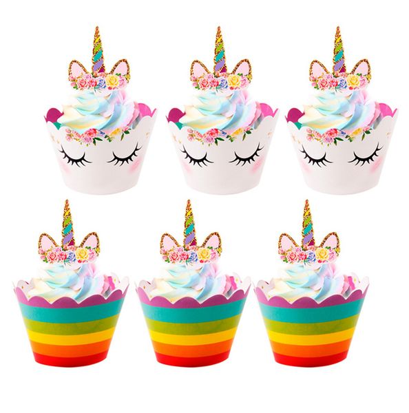 24pcs Licorne Cupcake Toppers Wrappers Enfants Faveurs Licorne Partie Décoration Arc-En-Ciel Anniversaire Bébé Douche Gâteau Topper