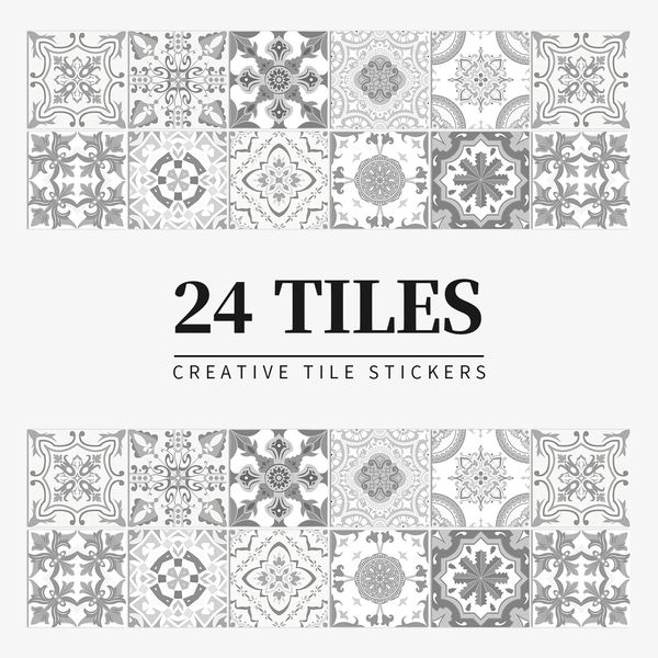 24pcs Sticker mural gris marocain Vintage Art imperméable en vinyle et carreaux de bâton autocollants à la maison Cuisine salle de bain bricolage décalale 240415