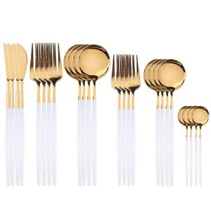 24pcs Or Blanc Couverts Ensembles Vaisselle De Luxe Vaisselle 18/10 Argenterie En Acier Inoxydable Table Dîner Couteau Dessert Fourchette Cuillère 210928