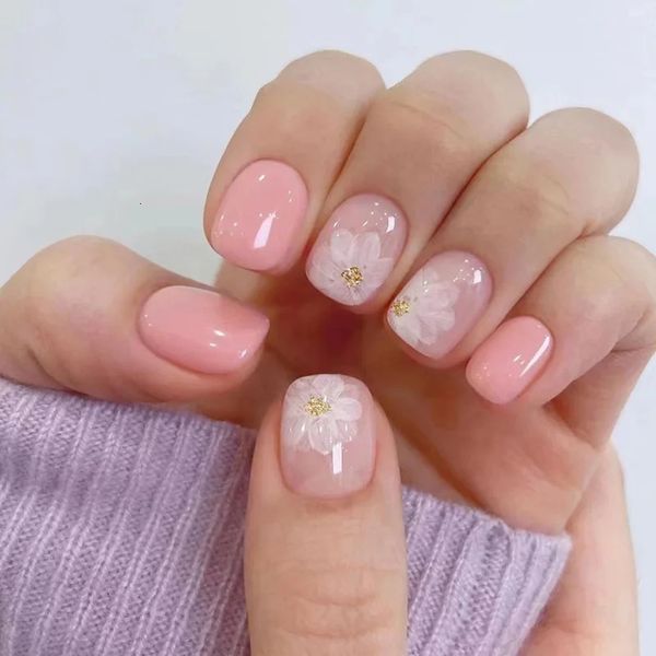 24pcs glace blanche Camellia courte faux ongles art rose clair filles douces et acrylique presse sur couverture complète de faux ongles amovible 240430