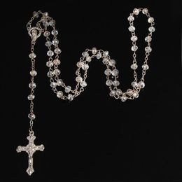 Collier chapelet en cristal de 6mm, 24 pièces, collier de prière catholique en croix de terre sainte, 224K