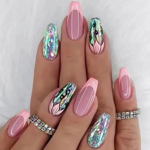 24PCSSet Acryl Long Ballet Press On Nail Tips Coffin dragen herbruikbare valse nagels kunst kleurrijke glanzende nep kunstmatige 240430