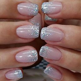 24pcsset Glitter nepnagels voor dames meisjes super flash sprankelend gradiënt roze zwart tips faux ongles druk op valse nail art 240305