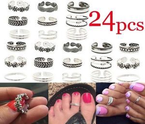 Ensemble d'anneaux d'orteils plaqués argent, 24 pièces, accessoires de bijoux de plage, Style bohémien, pieds d'orteils, 9754225