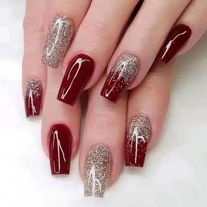 24PCSSet Wijnrood Lange Ballet Nep Nagels Goud Glitter Gradiënt Kunstmatige Verwijderbare Acryl Druk op Art Stick 240305