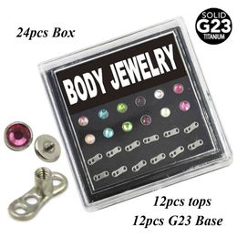 24 pièces G23 titane plat CZ cristal ancre cutanée Piercing corps boîte à bijoux ensemble fileté à l'intérieur avec des dessus en acier