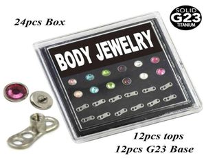 24 -stuk G23 Titanium plat CZ Crystal Dermal Anchor Piercing Body Jewelry Box Set intern schroefdraad met stalen tops272A6424661