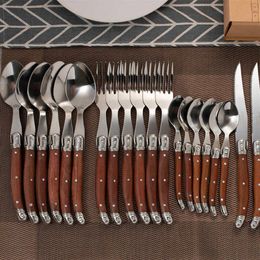 Couverts Laguiole 24 pièces, manche en bois, vaisselle, couteaux à Steak en acier inoxydable, vaisselle japonaise en bois, accessoires de cuisine X0253c