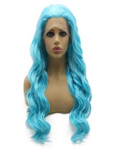 24quot lange blauwe golvende pruik hittebestendig synthetisch haar kanten voorkant cosplay wig8405230