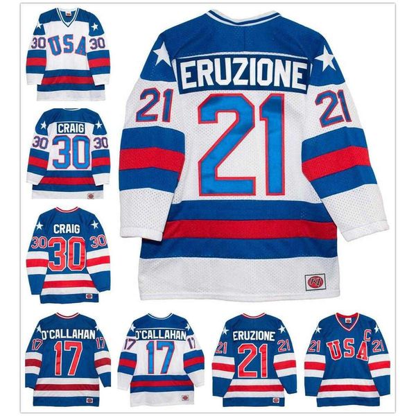 24s 1980 Miracle on Ice Team # 21 Mike Eruzione # 17 Jack O'Callahan # 30 Jim Craig Ice Hockey Jerseys Blue White Centred USA Hockey Jersey