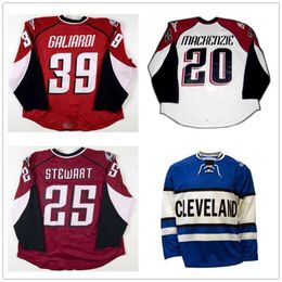 24S Custom AHL Cleveland Lake Erie Monsters 25 Stewart 20 Mackenzie 39 Galiardi Hockey Jerseys Rouge Blanc Bleu Logos Cousu Taille S-4xl