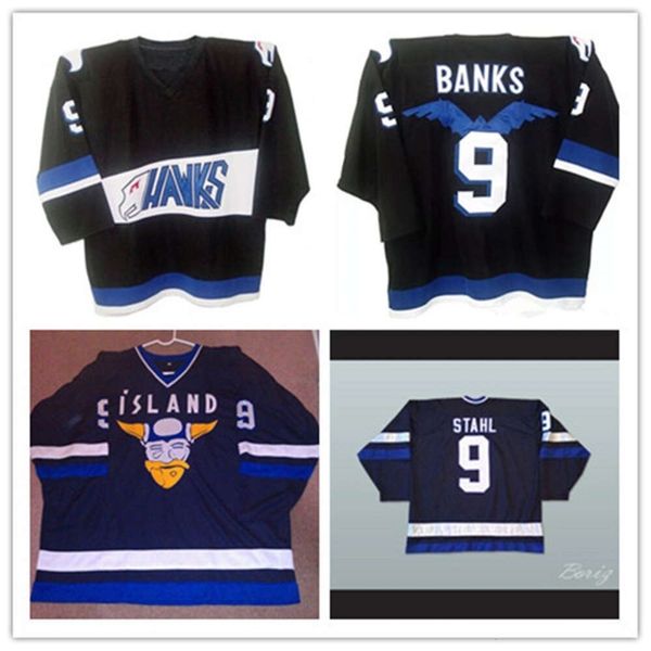 24S Mighty Ducks Movie Jersey Hawks 9 Adam Banks 9 Islandia Gunnar Stahl Logotipos bordados cosidos Retro Jerseys de hockey