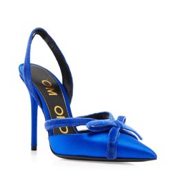 24S Summer Walk Luxe Satin Velvet Bow Sandales Chaussures Femmes Bleu Talons Hauts Bout Pointu Rouge Noir Slingback Pump Party Talon De Mariage Tom Fords Robe Chaussure EU35-43.Box