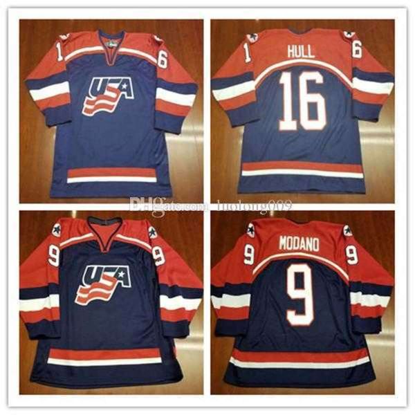 24S Team USA # 16 Brett Hull 9 Mike Modano Maillot de hockey brodé cousu avec n'importe quel numéro et nom.