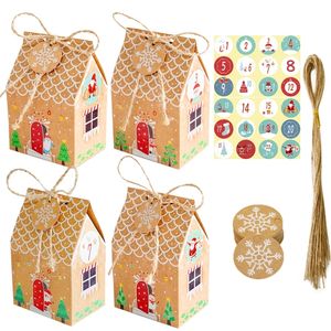 24 Sets Kerst Kraft Papieren Box Santa Claus Snowman Deer House Shape Candy Dozen met Advent Kalender Number Sticker Gift Bag 220420