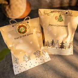 24sets iCraft Christmas Kraft Paper Sacs Party Favor Favor Emballage Set Cookies Cookies Pouche avec des autocollants de Noël jouer dans la neige