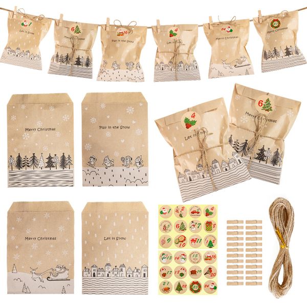 24sets Vintage Sacs en papier kraft Père Noël Elk Joyeux Noël Sacs-cadeaux de Noël Sacs de faveur Sacs de bonbons Cookie Fournitures d'emballage 220420