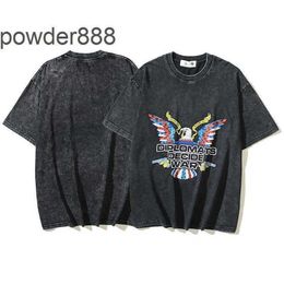 24SS American High Street Trendy Half Sleeve Eagle Letter kleurrijke print hiphop gewassen oud kort t-shirt