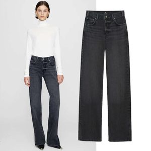 24SS Anime Bing Nieuwe productontwerper Katoen Zipper Jeans Mid Taille rechte broek met gesplitste zoom kleur gewassen zwart grijze vrouwen casual jeans en hoge taille broek anines