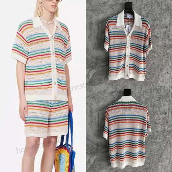 24SS Casablanca Designer Sweaters Nouveau CASABLANC Tricoté Bouton Creux Chemise à Manches Courtes Rainbow Stripe Tricoté Superposition Chemise pour Hommes et Femmes