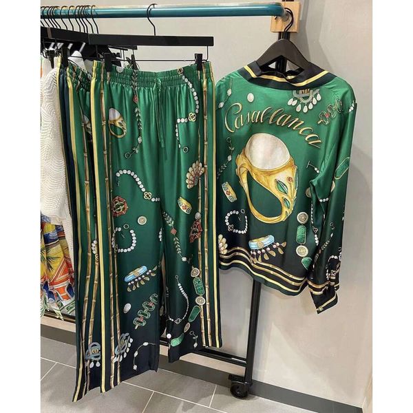 24ss Casablanca Ensembles de soie verte Bijoux imprimés Hawaii Chemise à manches longues Pantalon ample en soie Casablanc