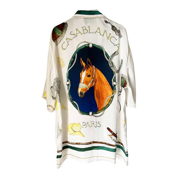 24SS Casablanca Camisas casuales para hombres Cabeza de caballo Impresión Textura de seda de seda cubana Camiseta de manga corta Camisa de flores delgada Casablanc