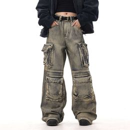 24SS Designer Jeans Wasteland Style Multi Pocket Denim Workwear voor mannen en vrouwen met trendy sfeerontwerp Sense niche wijd losse rechte been broek