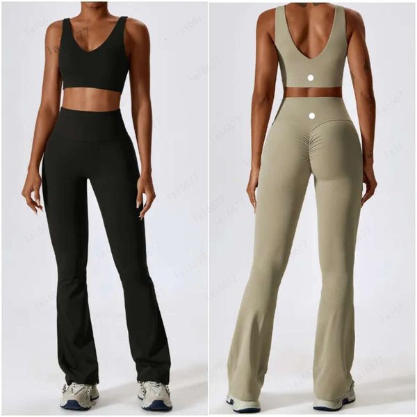 24SS Moda Traje para mujer Conjuntos de yoga Chaleco Tops sin mangas Pantalones Pantalones de campana Pantalones Ejercicio Deporte Gimnasio Correr Pantalón largo Elástico Cintura alta Ropa deportiva