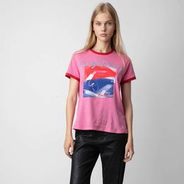 24SS Français Zadig Voltaire Red Lip Car Tees Encre Blanche Impression Numérique Manchette Contraste T-shirts Rose Femmes Designer Coton T-shirt À Manches Courtes