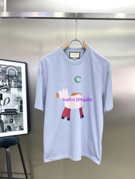 24SS Camiseta para hombre de marca italiana Algodón puro Letra G Pony Dibujos animados Cuello redondo Patrón de camiseta Impreso Cuello redondo en blanco y negro Camiseta clásica de diseñador UCC 402