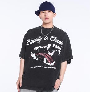 24ss japon grand chien bouche imprimé lavé Vintage t-shirt hommes t-shirt printemps été femmes rue skateboard décontracté coton t-shirt 0312