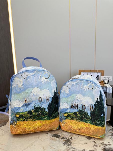 24SS Mochila de la serie de pintura al óleo de diseñador de lujo general para hombres y mujeres, bolso de mujer, bolso de hombro, bolso para libros, mochila para exteriores de alta gama, 32 CM / 26 CM