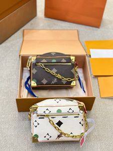 24SS Heren en Women's Universal Luxury Designer Soft Trunk Box Tas Damesschoudertas Crossbody Purse Gold Chain 18 cm