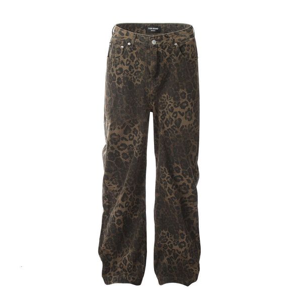 24SS Nouveau Designer Jeans Pantalon droit en détresse imprimé léopard pour hommes High Street Tendance Mode Lâche Casual Design Sense Jeans