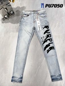 24SS Nouvelle lettre violette marque Jeans imprimés hommes High Street Fashion Vintage lavé Stretch Skinny Fit Jeans High Quality