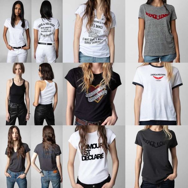 24SS Nouveau Zadig Voltaire Femmes Designer Pull T-shirt Casual Style Classique Lettre Rock Hot Diamond Coton T-shirts à col en U Gris Slim Fit T-shirt à manches courtes Polos Tops zv