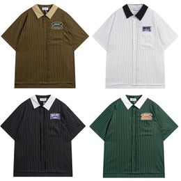 24SS Camisas de solapa a rayas de gran tamaño para hombres y mujeres, parches sueltos bordados, marrón, verde, blanco, negro, manga corta