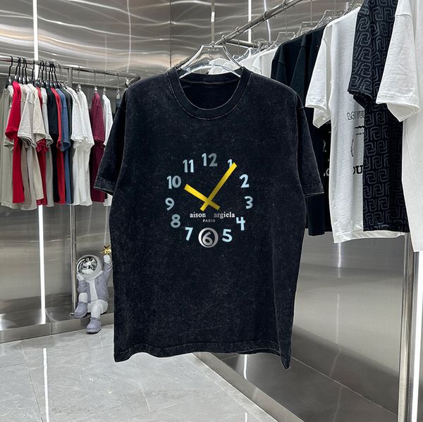 24SS Paris Number Clock Imprimé Pickling Waste Vintage Tee Designer Graphic T-shirt Spring Summer Casual Fashion Skateboard Men Femmes Tshirt 0518