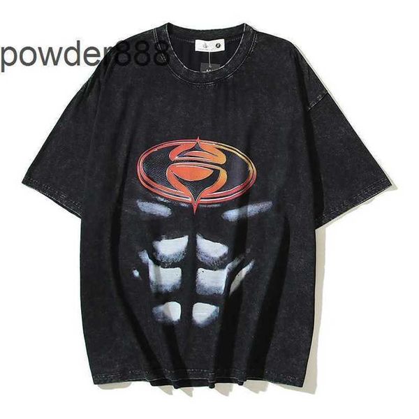 24SS côté déesse lavée vieille demi-manche musculaire américain superman t-shirt court masculin et chemise tendance des femmes