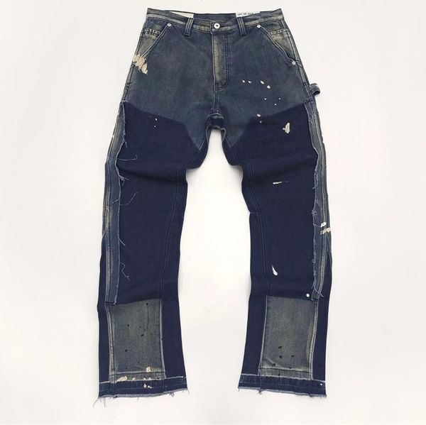 24SS Primavera Verano Hombres Distress Vintage Jeans Pintados Doble Rodilla Cargo Pantalones