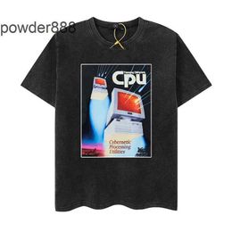 24ss Style High Street Trendy Half mangeved Desktop Computer CPU Printing for Vintage Wash Water Hip-hop Short T-shirt Trend