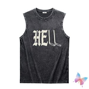 24ss Zomer Vintage Vest Zwart Gewassen Letter Print Ronde Hals Mouwloze Tank Tops Mannen Vrouwen Streetwear T-shirts