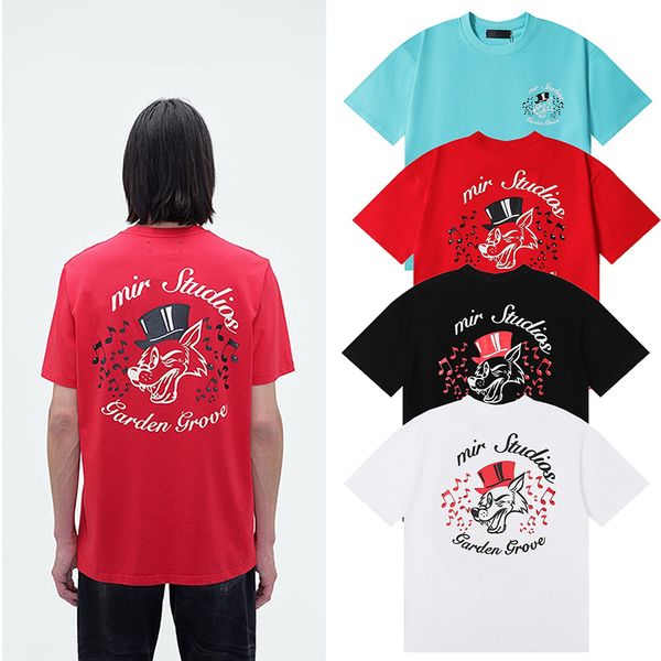 24ss USA dessin animé loup Note de musique impression t-shirt hommes t-shirt printemps été femmes rue skateboard décontracté coton t-shirt 0302