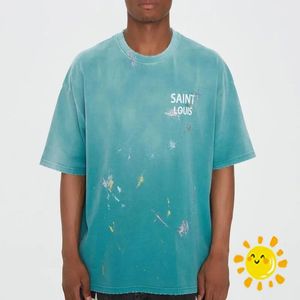Camiseta lavada teñida con lazo 24SS, camiseta informal azul Vintage con grafiti para hombres y mujeres