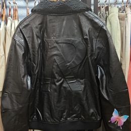 24ss hiver noir veste haute rue moto lettrage élégant col de fourrure veste en cuir manteau à glissière