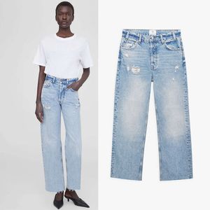 24Ss Damesjeans Nieuwe Cropped Denim Bings Rechte Pijpen Voor Vrouwen Ab Hoge Taille Gewassen Casual Mode Broek