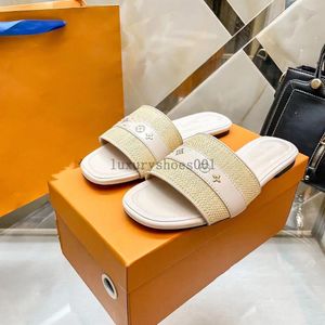 24SS dames slippers sandalen vergrendelen het platte muilezel canvas gouden cirkel outdoor slipper zomerontwerper luxe mode dames strand zwembad glijbanen sandaal 5.7 07