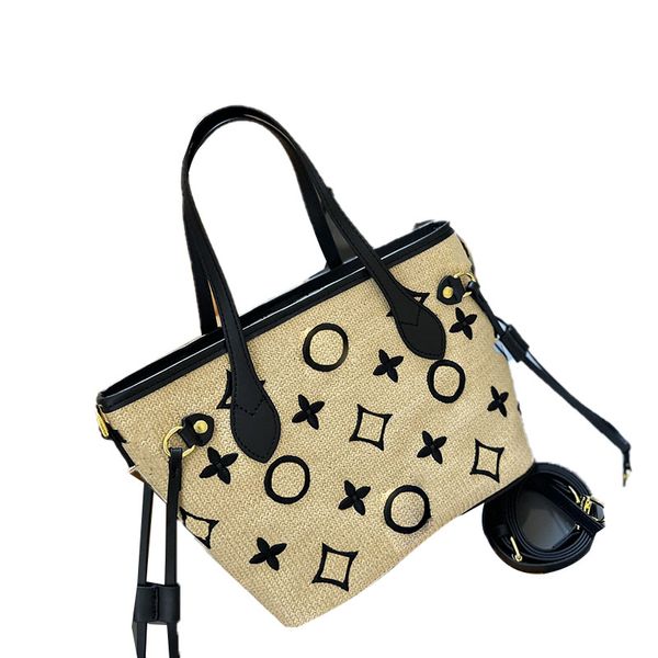 24ss Mujeres Verano Paja Totes Bolsas Bordado Bolso Lujos Diseñadores Shouder Crossbody Messenger Ladies Viaje Bolso Totes Bolsa con monedero 25 cm