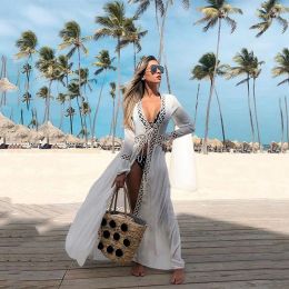 24SS traje de baño para mujer Crochet blanco tejido playa Vestido tipo pareo traje de baño bata femenina Bikini largo natación ropa de playa